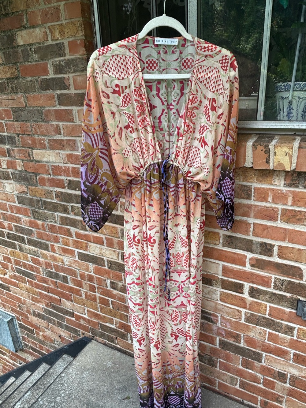 The Pink Tulip Sheer Maxi Dress Boho Print.Adjustable Tie Front Elastic Back